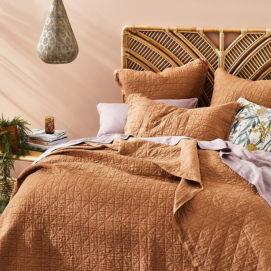 Vintage Washed Linen Caramel Quilted Coverlet Separates