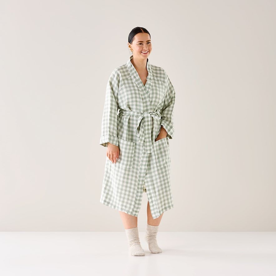Vintage Washed Linen Eucalyptus Check Robe