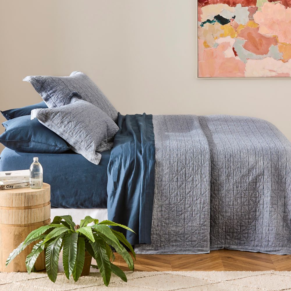 Vintage Washed Linen Navy Marle Quilted Coverlet Separates