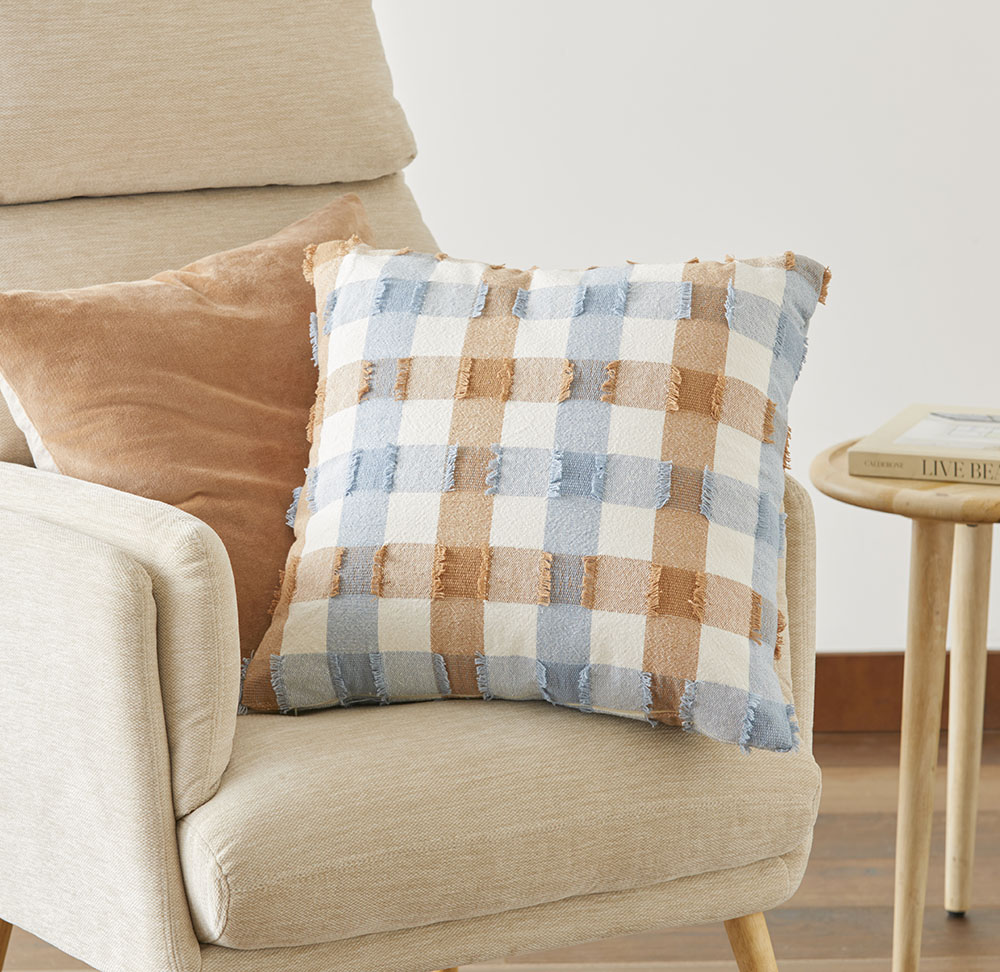 Brookhaven Caramel & Blue Rain Check Cushion