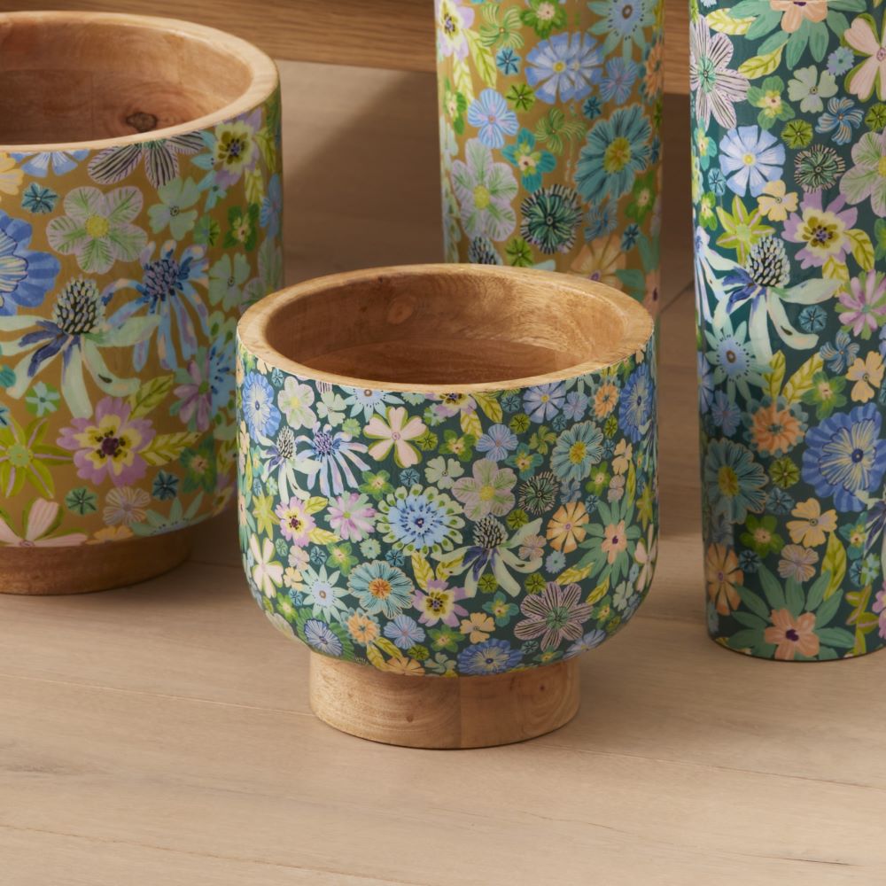 Sia Floral Blue Timber Pot