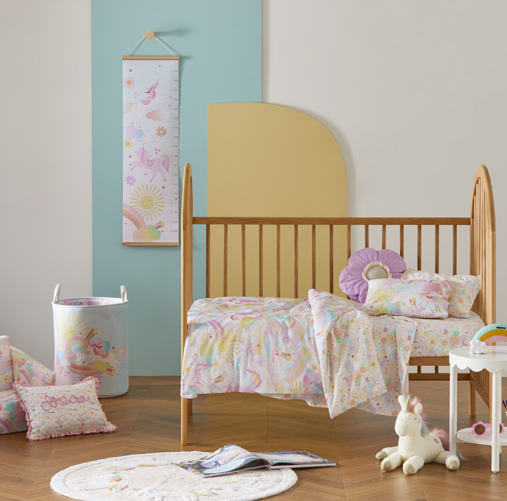 Stonewashed Cotton I Love Unicorns Rainbow Cot Quilt Cover Set