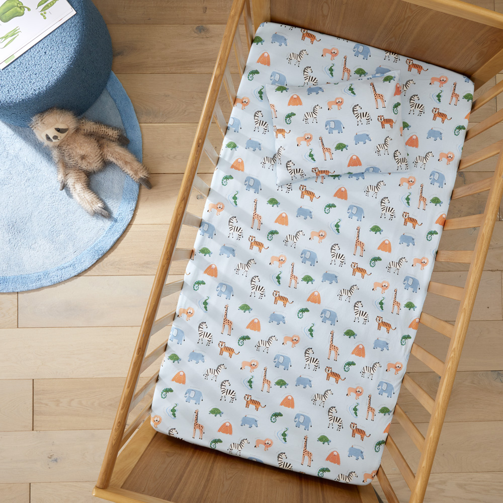 Jungle Adventure Soft Blue Jersey Fitted Cot Sheet Set