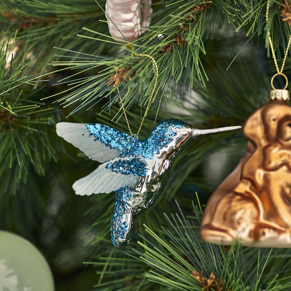 Luxe Hummingbird Blue Antiqued Glass Decoration