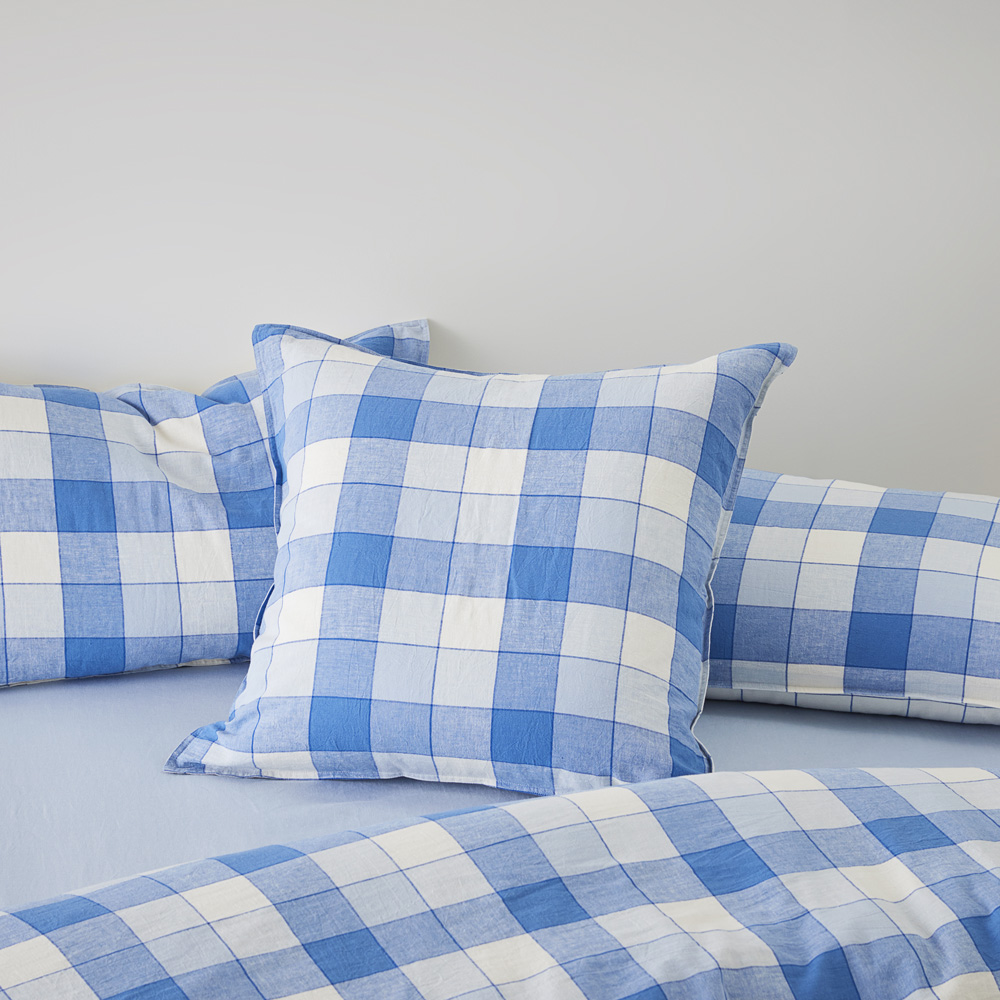 Vintage Washed Linen Cotton French Blue Check Pillowcases