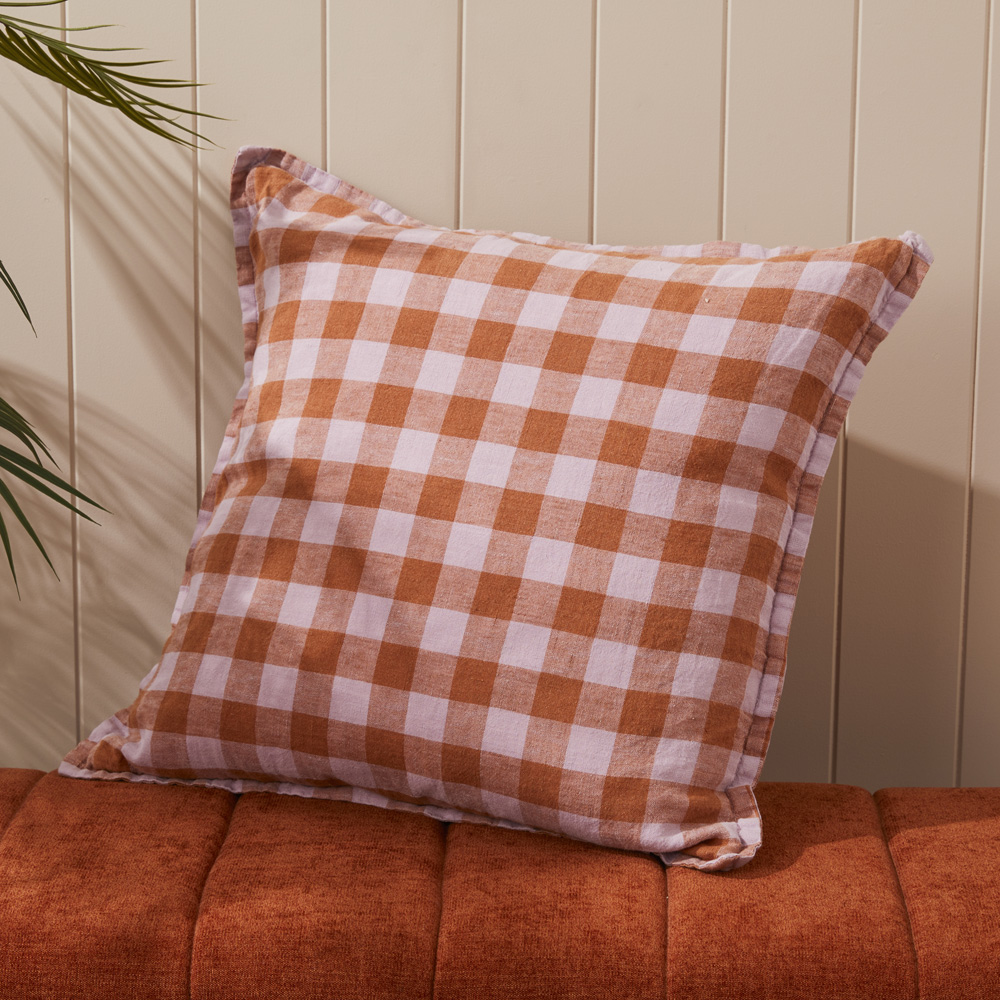 Belgian Check Vintage Washed Linen Lilac & Ginger Check Cushion