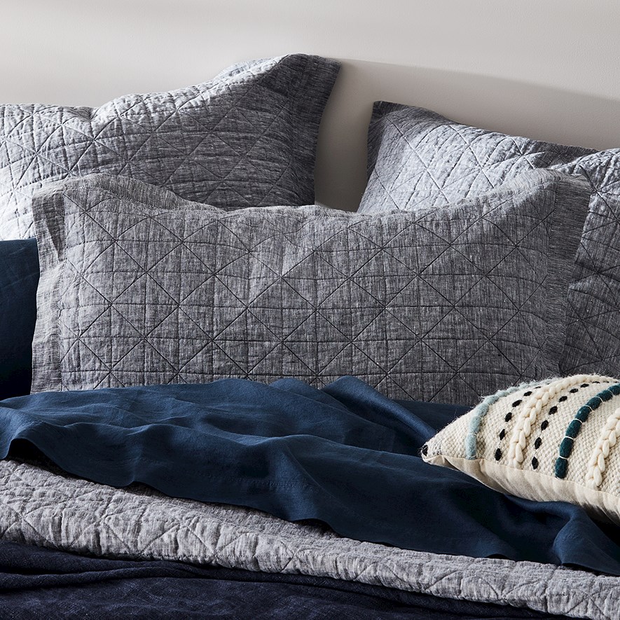 Vintage Washed Linen Indigo Quilted Pillowcase