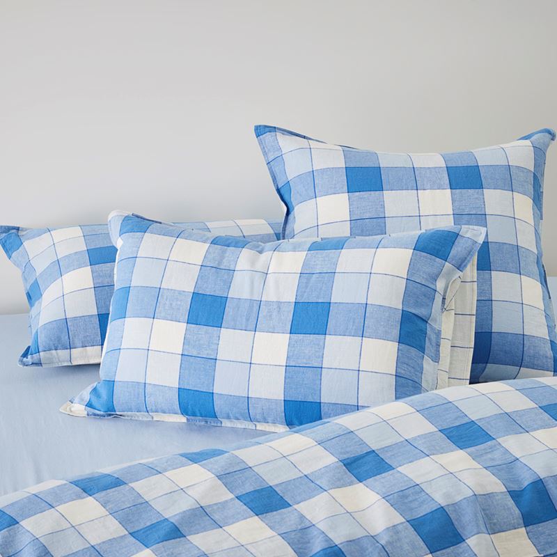 Vintage Washed Linen Cotton French Blue Check Quilt Cover Set + Separates