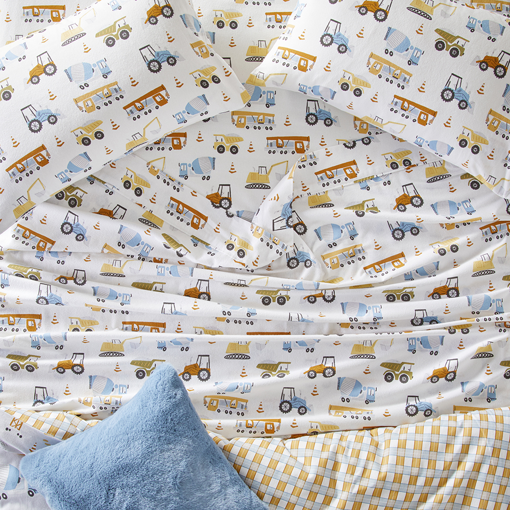 Construction Zone White Flannelette Sheet Set