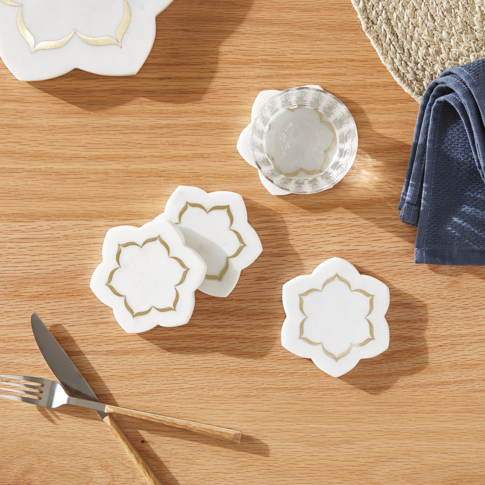 Flower Star White & Gold Marble Coasters Pack of 4