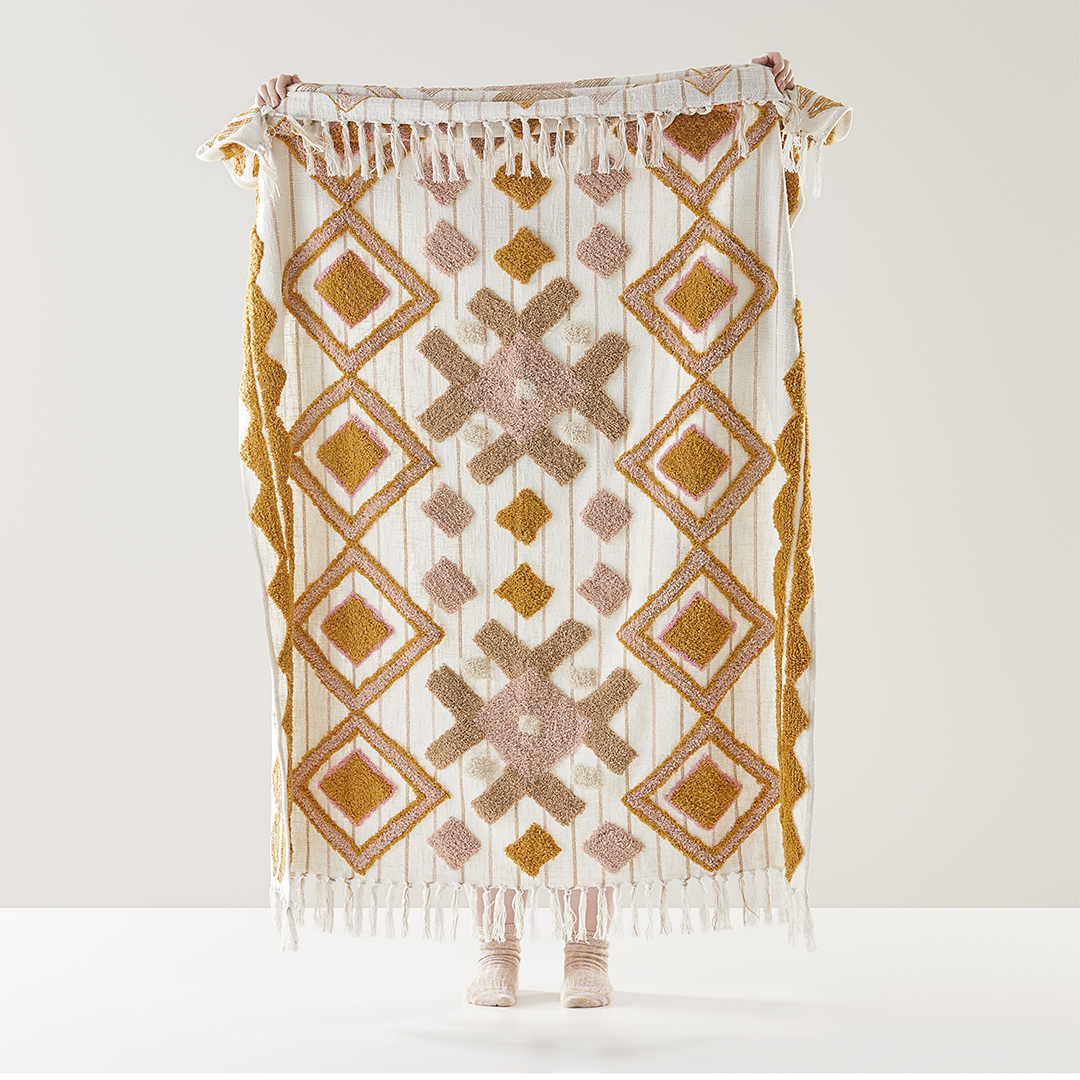 Caribbean Pink & Mustard Tufted Throw