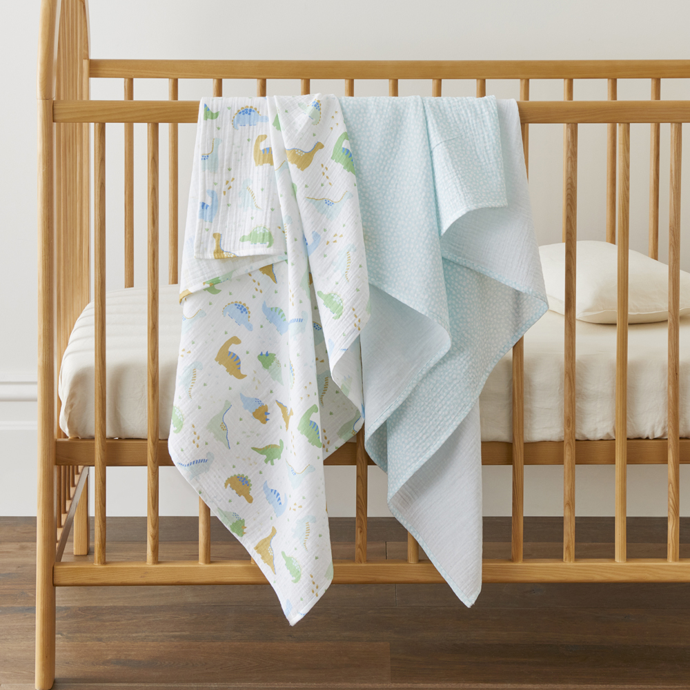 Dino Hatchlings White Cotton Muslin Baby Swaddles 2pk
