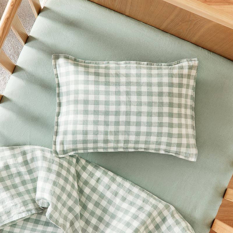 Vintage Washed Linen Eucalyptus Check Cot Quilt Cover