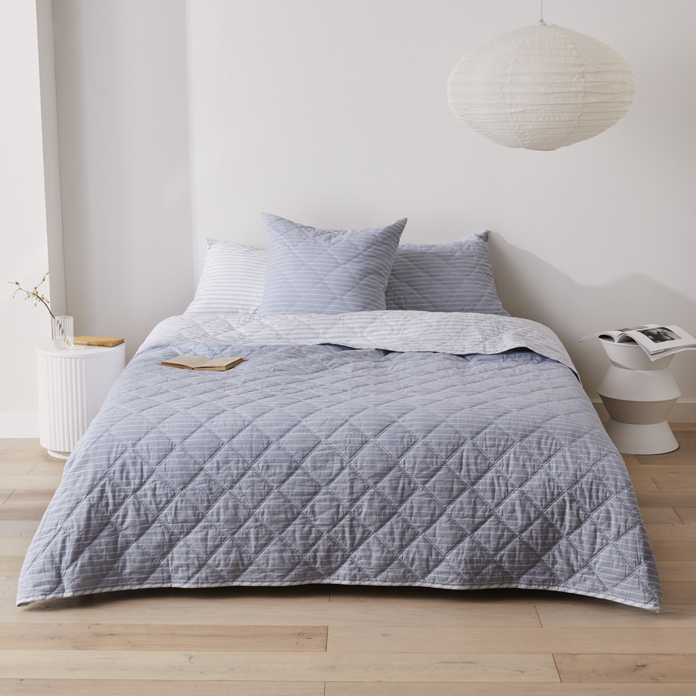 Stonewashed Cotton Blue Stripe Quilted Coverlet Separates