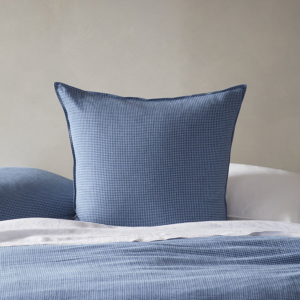 Vintage Washed Linen Cotton Storm Blue Houndstooth Pillowcases
