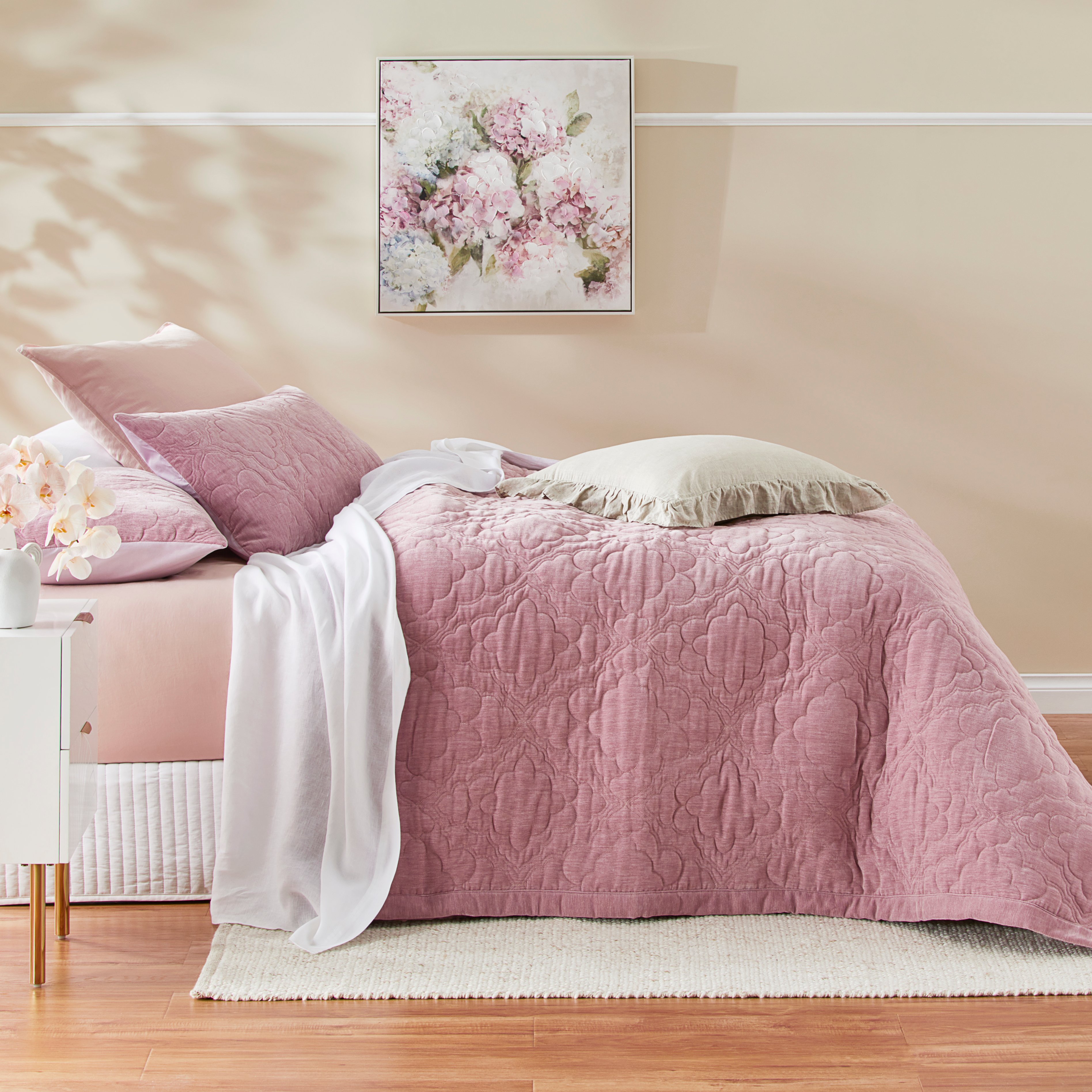 Brielle Velvet Pink Quilted Coverlet Separates