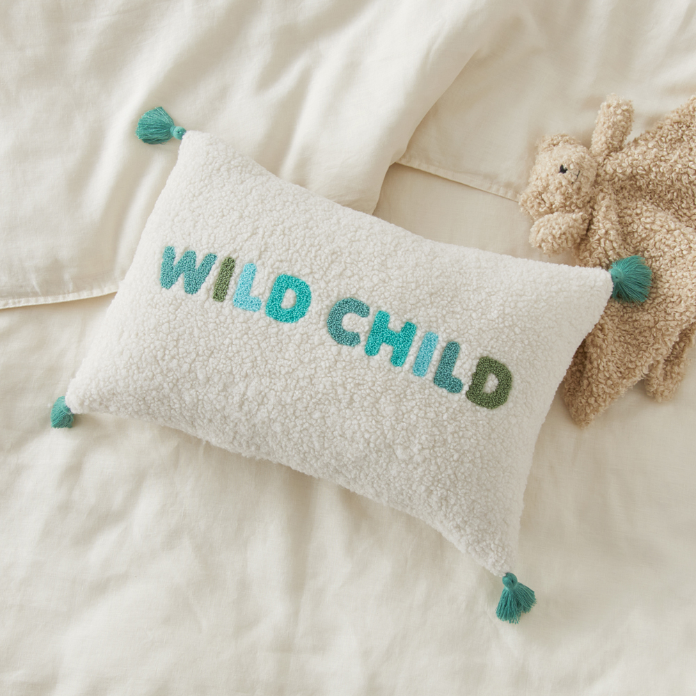 Wild Child Sage Boucle Text Cushion