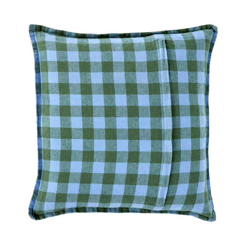 Belgian Pacific Blue & Garden Grove Check Vintage Washed Linen Cushion