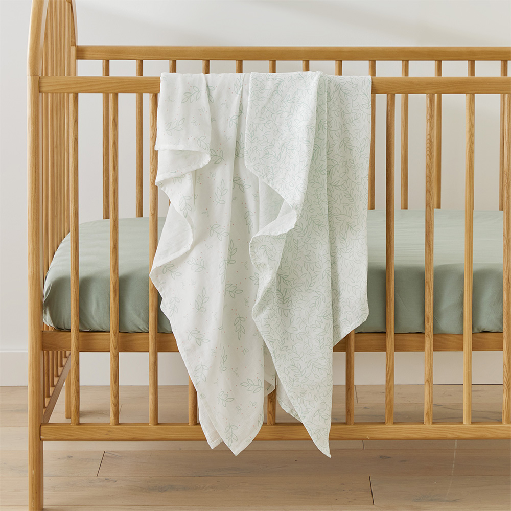 Fluttering Leaf Sage Natural Cotton Muslin Baby Swaddles 2pk