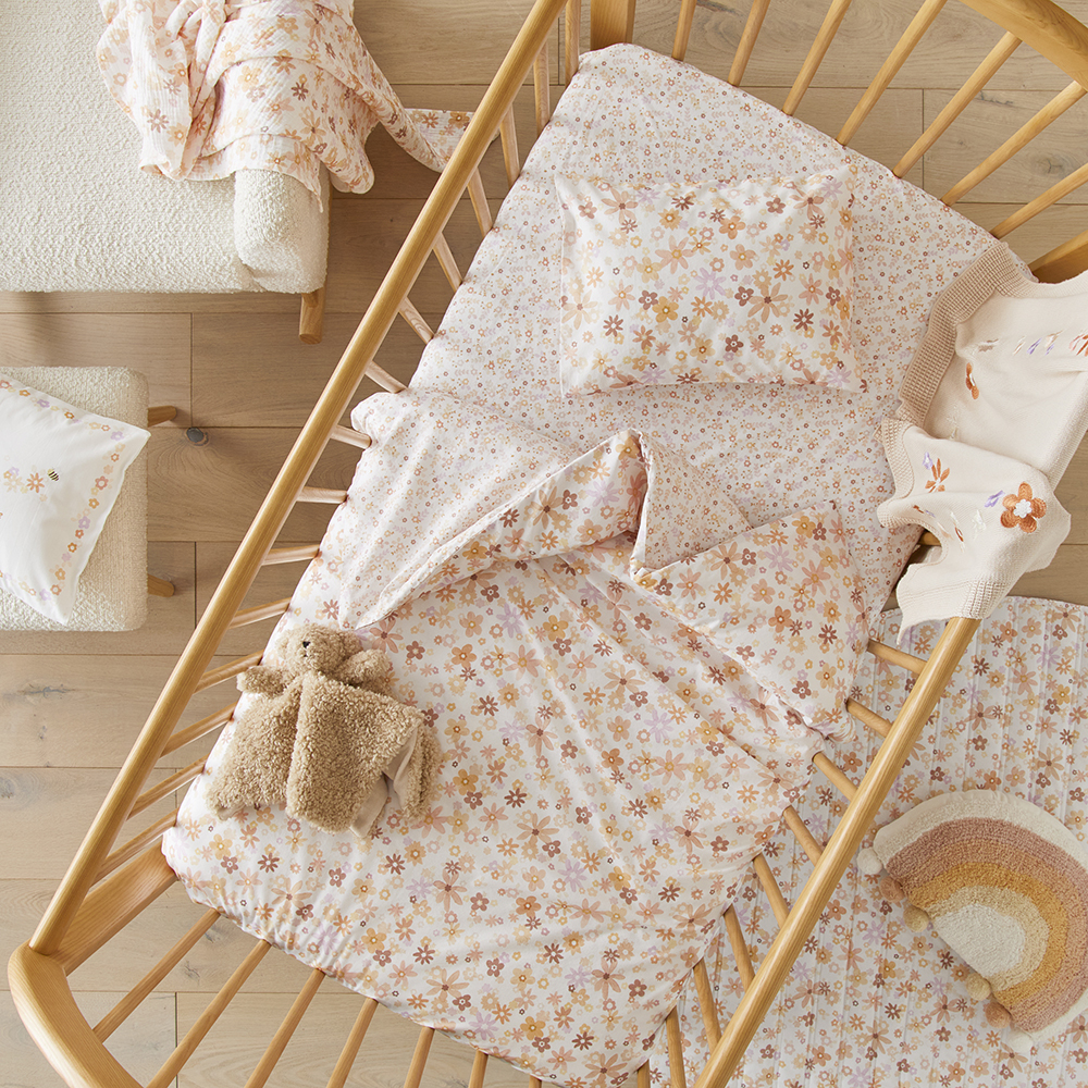 Dahlia Floral Natural Quilted Cot Quilt Cover Set
