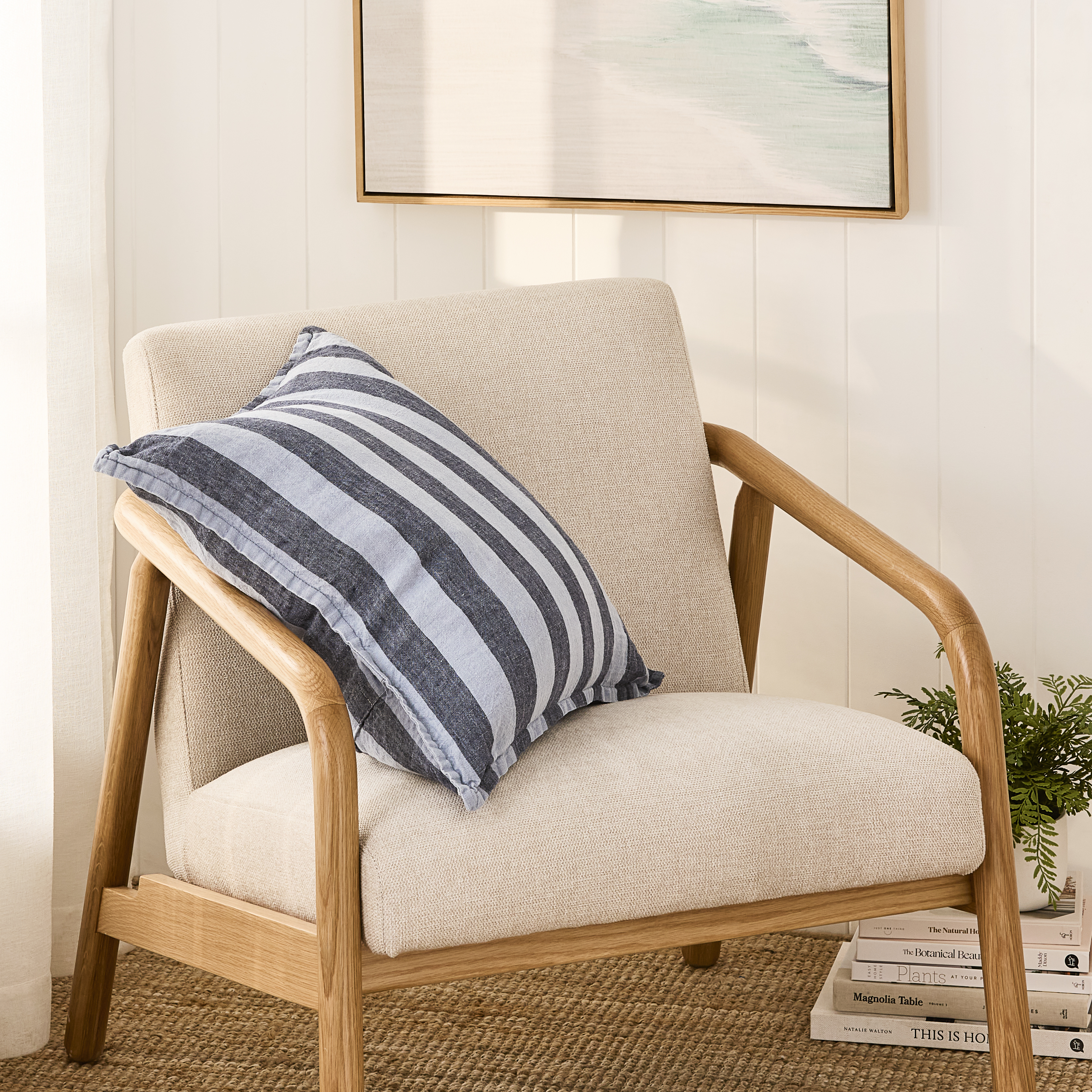 Belgian Light Denim & Navy Stripe Vintage Washed Linen Cushion