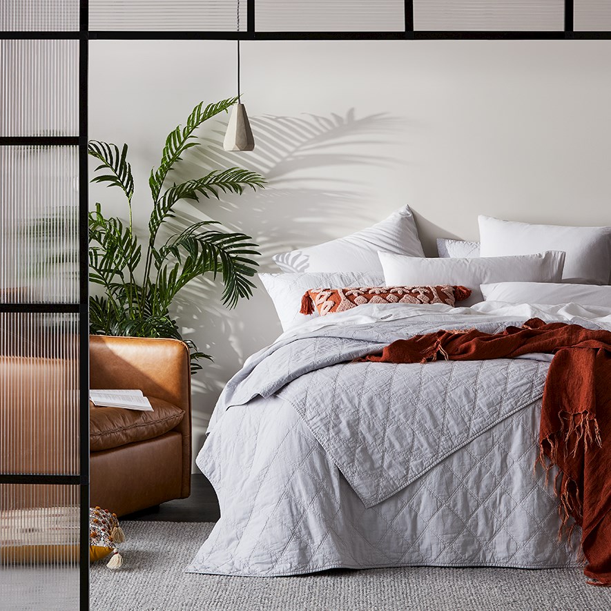 Stonewashed Cotton Silver Quilted Coverlet Separates