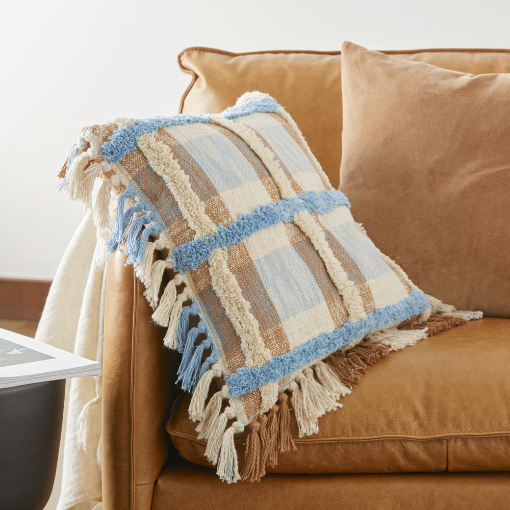 Ani Natural & Blue Check Cushion