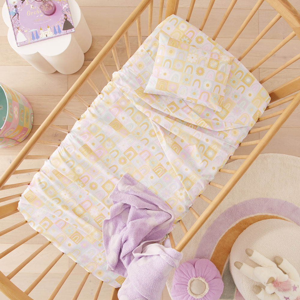 Rainbow Daisy Pastel Grid Cot Sheet Set