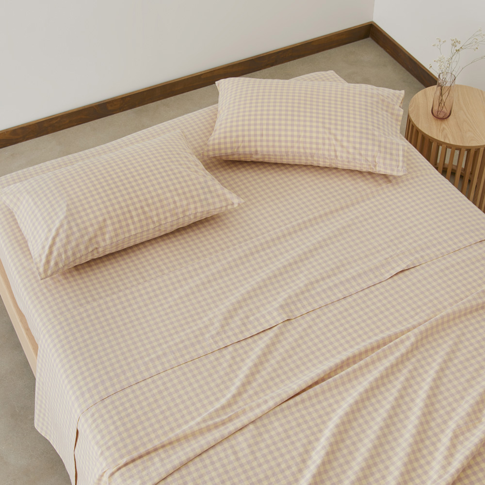 Stonewashed Cotton Printed Dusty Lemon Gingham Sheet Separates
