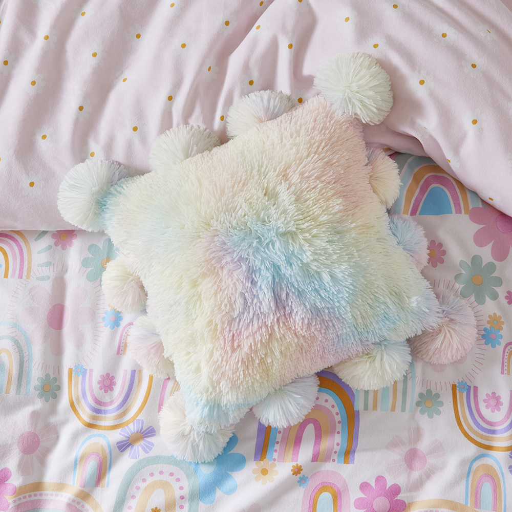 Snuggly Sherpa Pom Pom Cushion Rainbow
