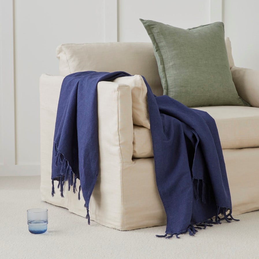 Iris Navy Linen Cotton Throw