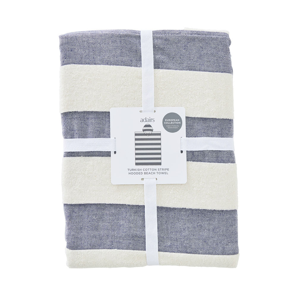 European Navy & Natural Stripe Turkish Cotton Hooded Beach Towel