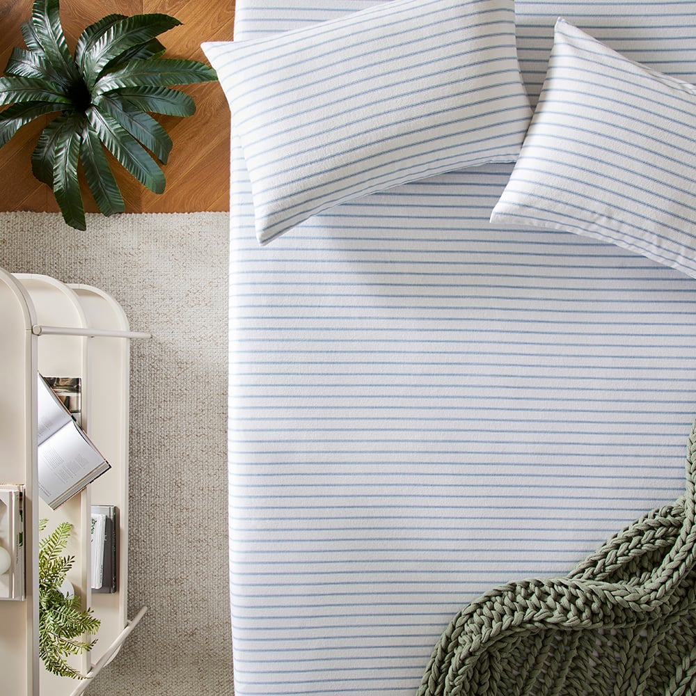 Flannelette Printed Steel Blue Ticking Stripe Sheet Separates