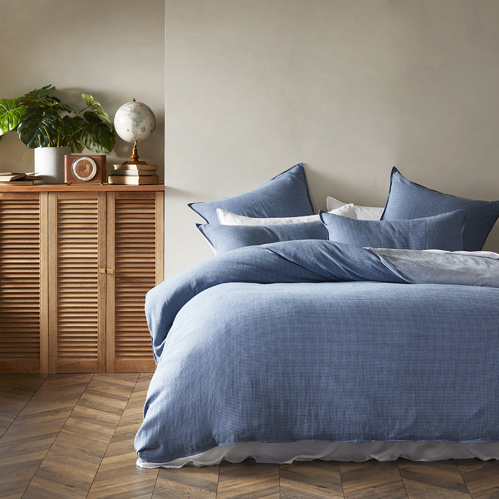 Vintage Washed Linen Cotton Storm Blue Houndstooth Quilt Cover Set + Separates