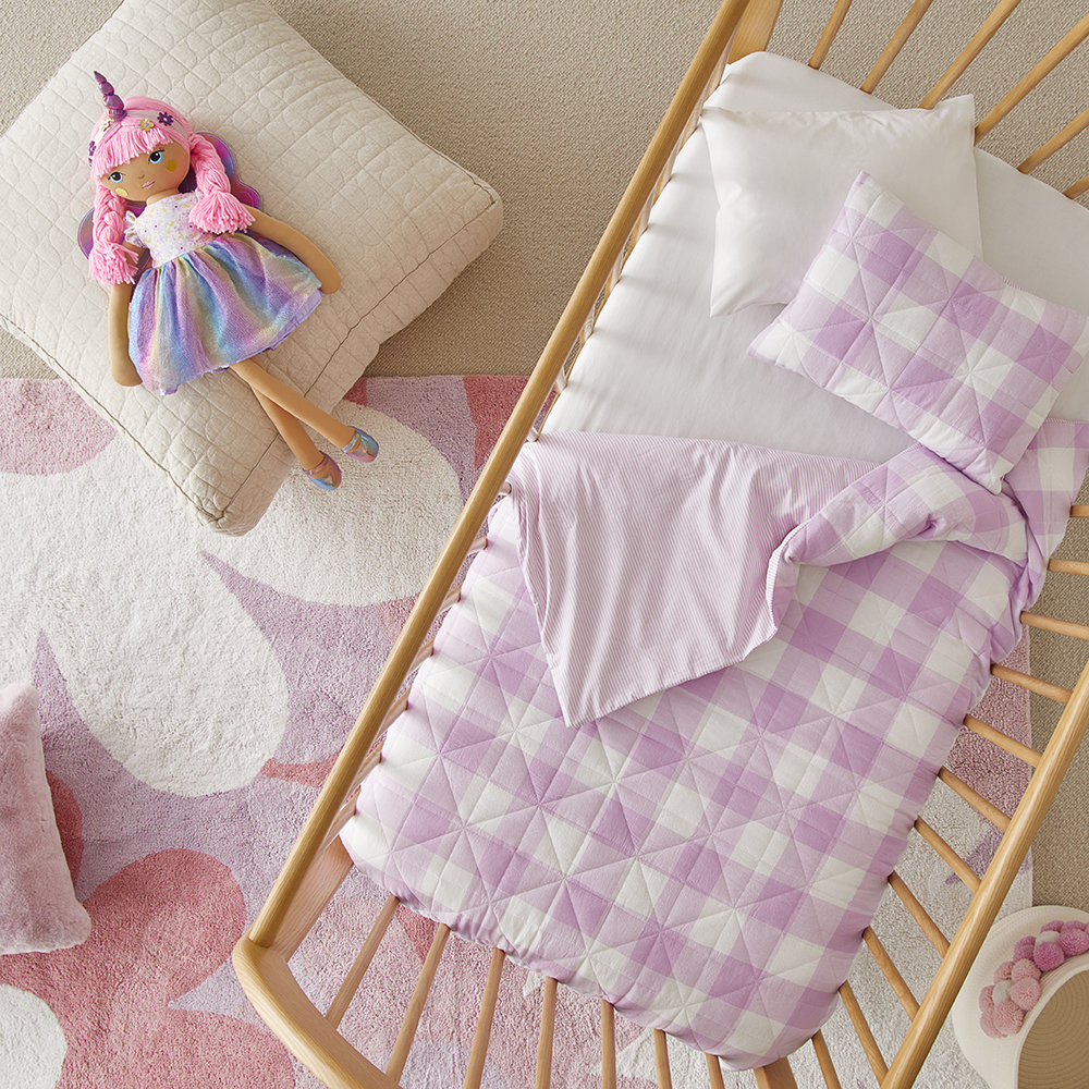 Mickey Gingham Lilac Quilted Cot Quilt Cover Set