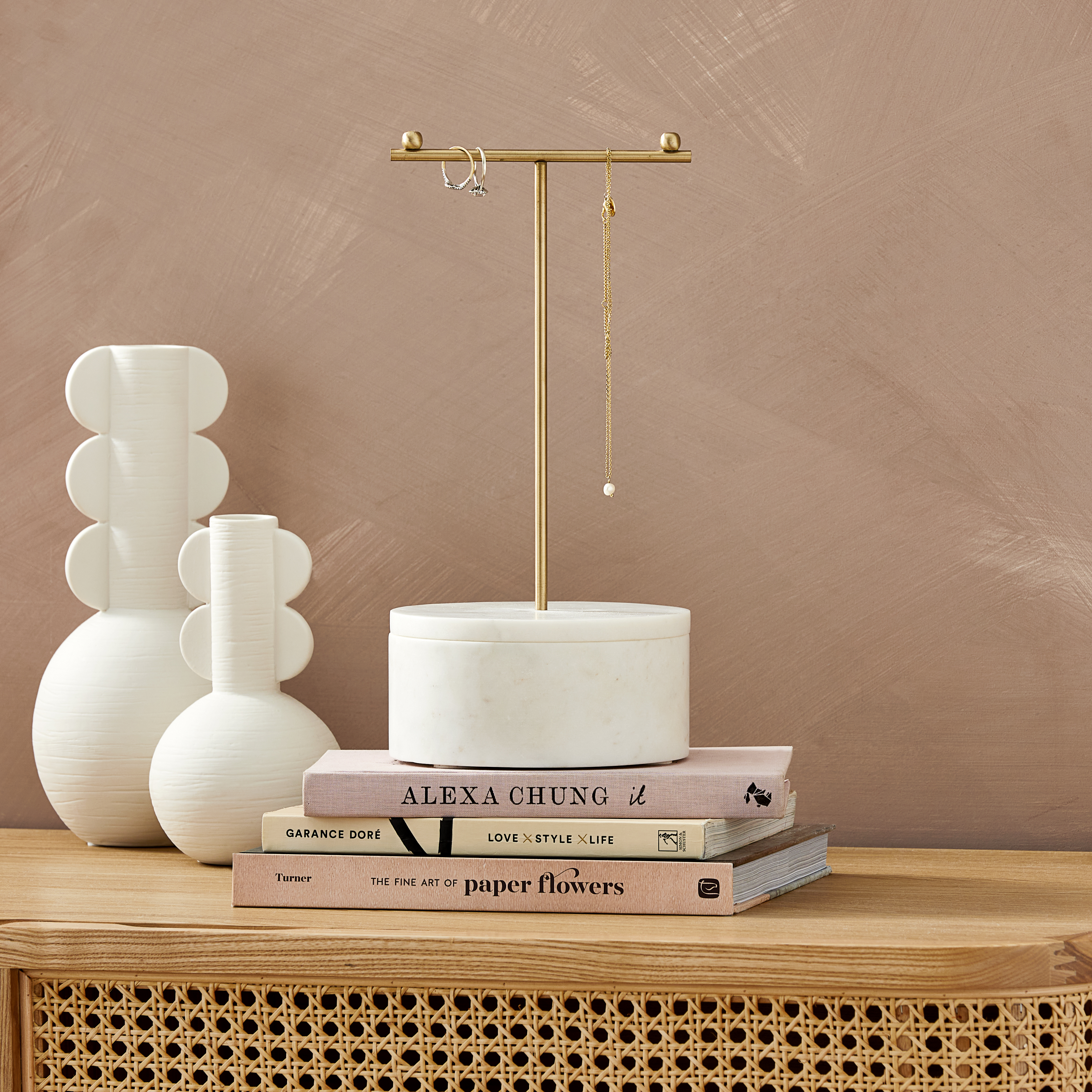 Marble White & Gold Round Jewellery Stand