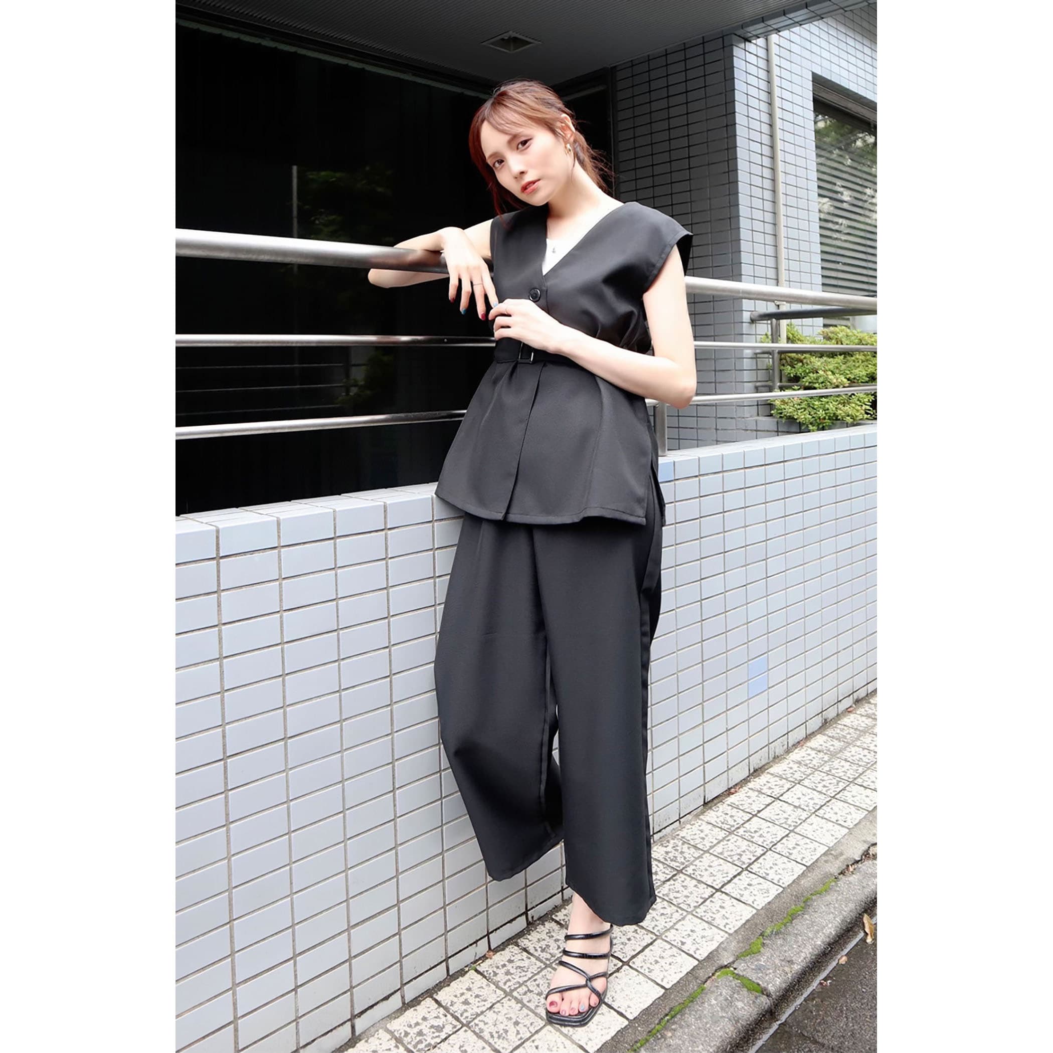 リネンライクベルト付きジレxワイドパンツセットアップ