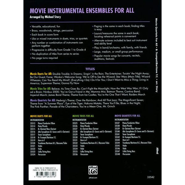 Alfred Music Publishing Movie Quartets for All Trump.