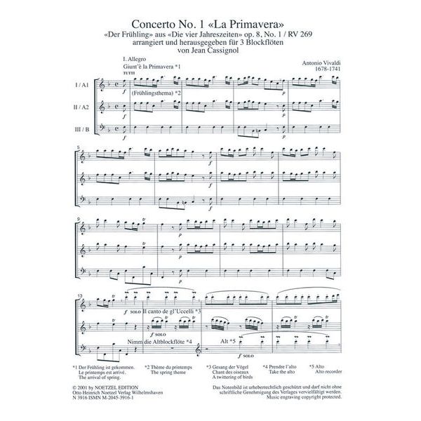 Heinrichshofen Verlag Vivaldi Frühling 3 Blockflöten