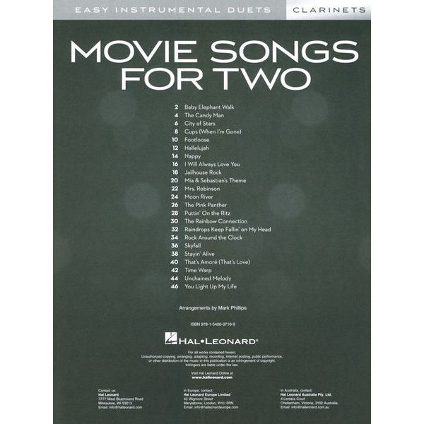 Hal Leonard Movie Songs For Two Clarinets