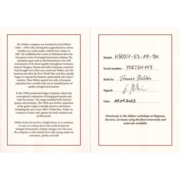 Höfner H500/1 Artist Violin Bass BK