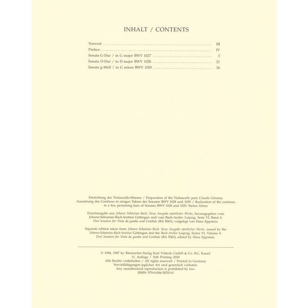 Brenreiter Bach Drei Sonaten Cello