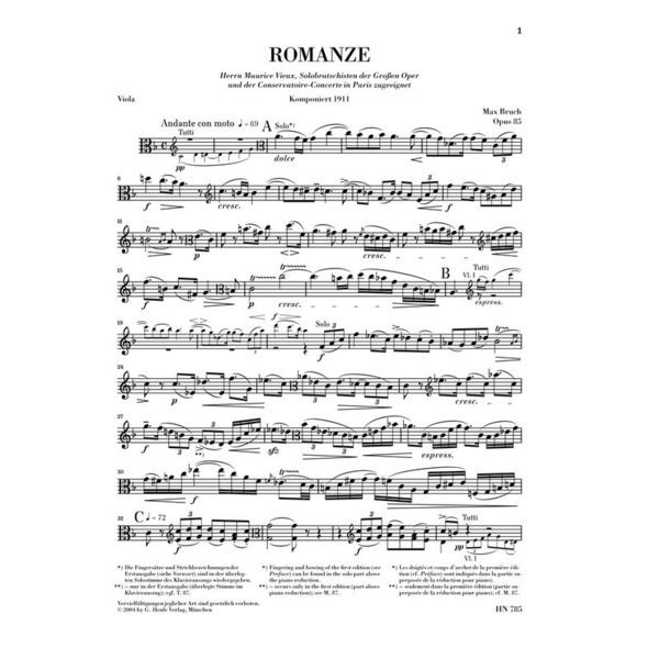 Henle Verlag Bruch Romanze F-Dur Viola