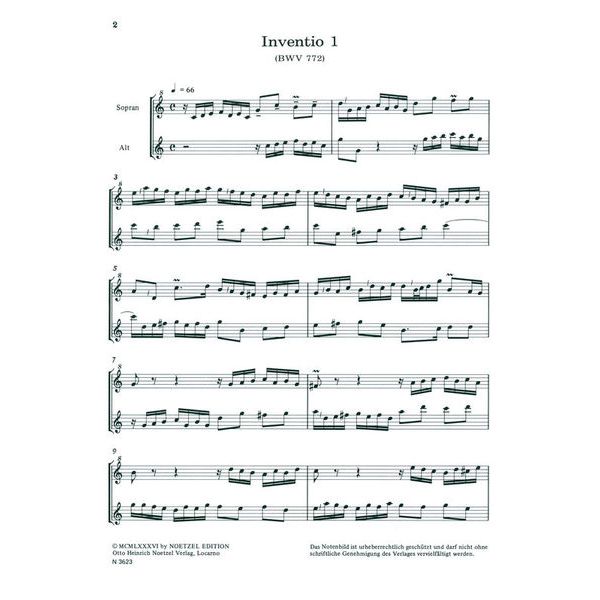 Heinrichshofen Verlag Bach 7 Inventionen Blockflöte