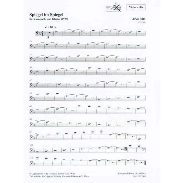 Universal Edition Prt Spiegel im Spiegel Cello