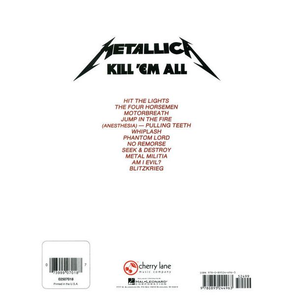 Cherry Lane Music Company Metallica Kill 'Em All