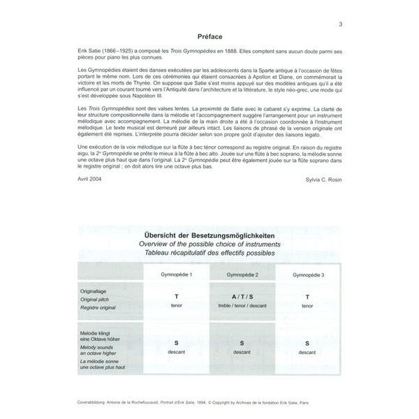 Universal Edition Satie 3 Gymnopédies Recorder
