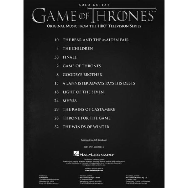 Hal Leonard Game of Thrones Guitar