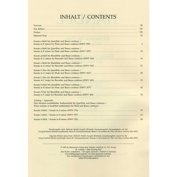 Brenreiter Hndel Elf Sonaten für Flöte