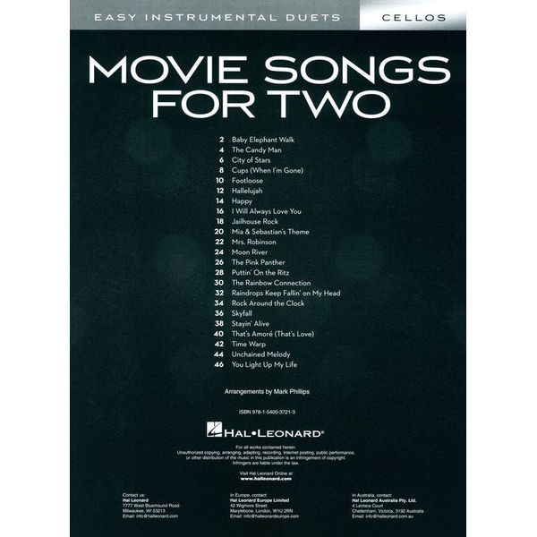 Hal Leonard Movie Songs For Two Cellos
